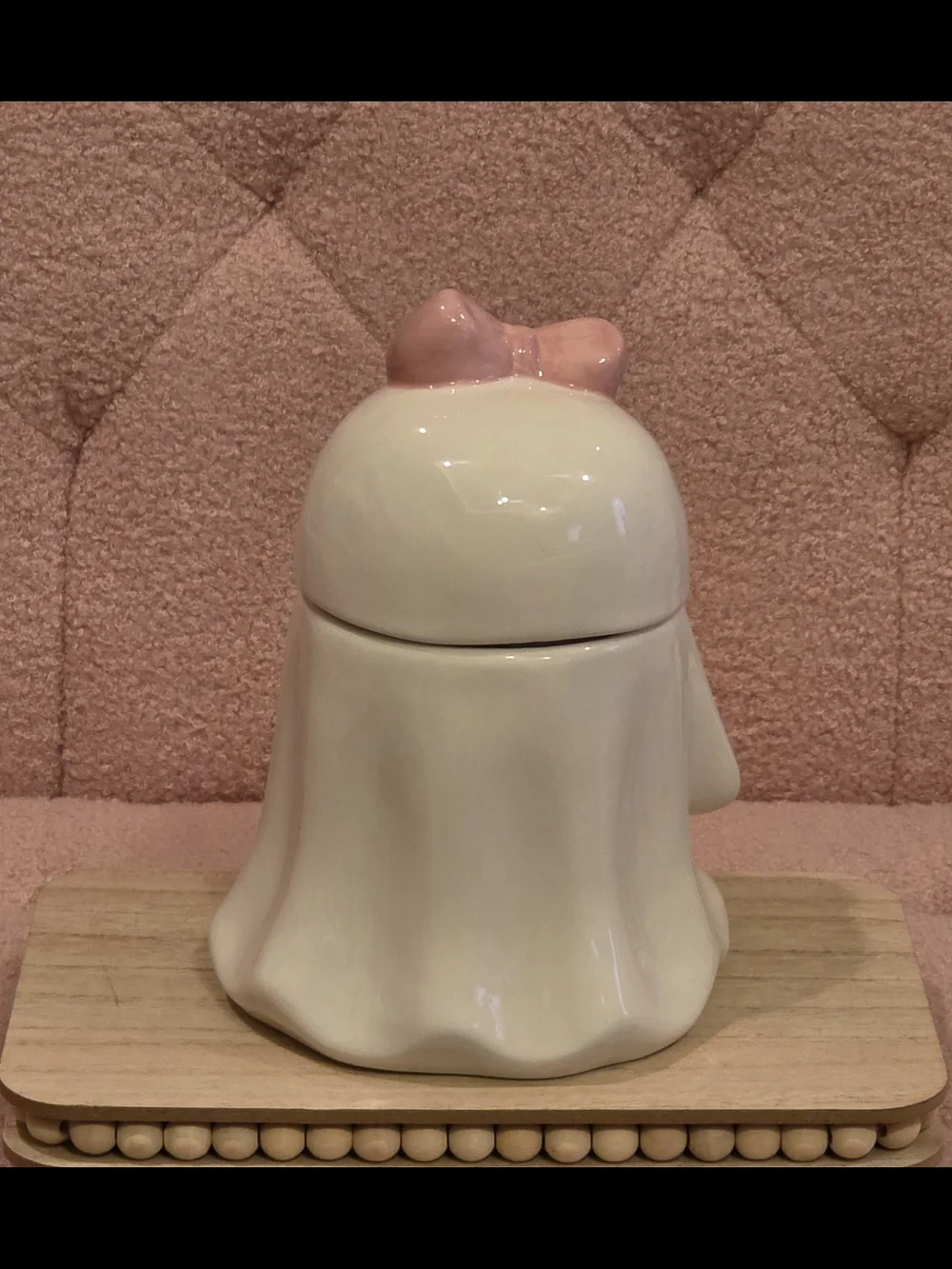 Halloween Coquette Ghost Cookie Jar with Pink Bow Holding A Cat
